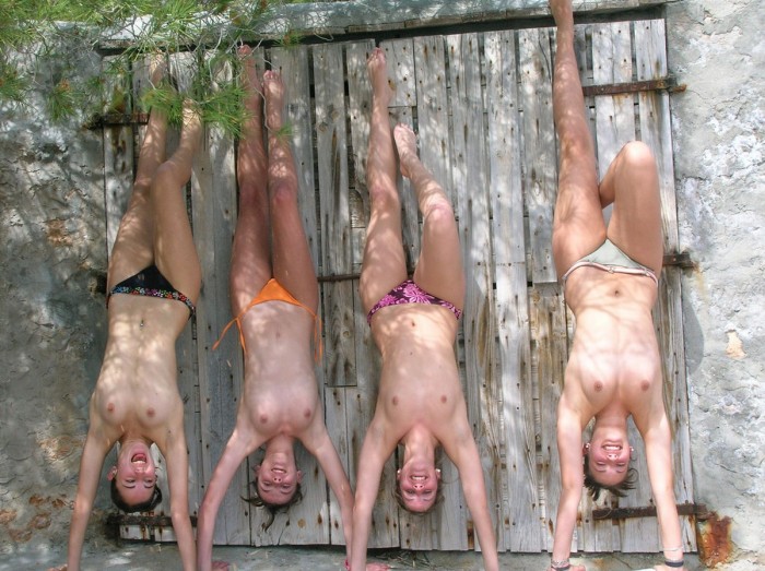 Four teen naked girls head over heels