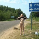 Skinny blonde with hairy pussy shows boobs at public