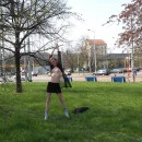 Sexy girl walks naked at public