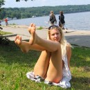 Blonde shows pussy at public