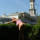 Sporty russian blonde shows tits at public