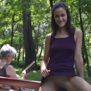 Amateur teen with piercing in boobs shows pussy at public