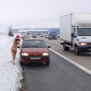 Amazing brunette with sporty body walks totally naked at public places