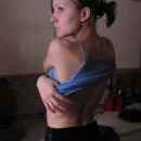 Sporty amateur blonde with hairy pussy at kitchen