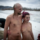 Crazy russian nudists posing naked at winter