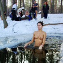 Perfect russian teen Inna Vladimirskaya with amazing body posing naked at outdoors at winter