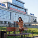 Perfect russian teen with sporty body walks naked at public streets