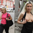 Amazing russian blonde flashes perfect boobs at public streets