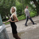 Lovely russian blonde flashes ass, boobs and shaved pussy at public