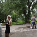 Lovely russian blonde flashes ass, boobs and shaved pussy at public