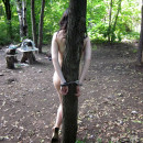 Naked brunette in forest