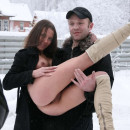 Sexy girl flashes naked body outdoors