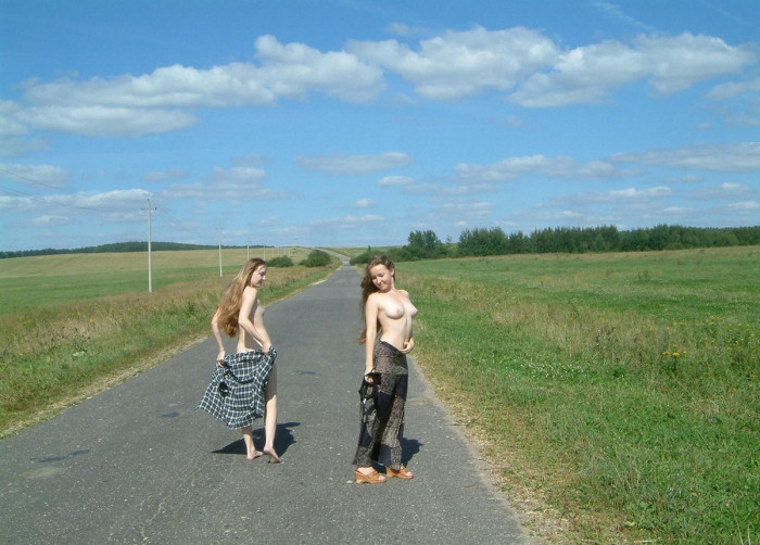 Two russian teens walks naked at public and shows holes