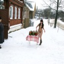 Sporty brunette posing naked at winter