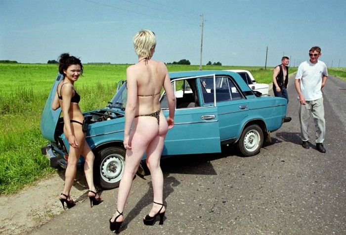 Two russian girl have problem with a car