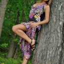 Very lovely girl is undressing at forest