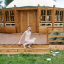 Redhead russian teen walks naked cafe under construction
