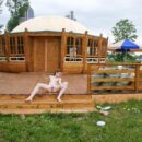 Redhead russian teen walks naked cafe under construction