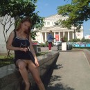 Busty russian teen flashes her boobs and shaved pussy at public places