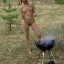 Hot russian blonde cooks BBQ with no clothes