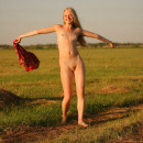 Russian blonde with small tits posing in the fields at sunset
