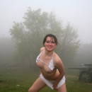 Nice russian brunette shows very hairy pussy at rainy day