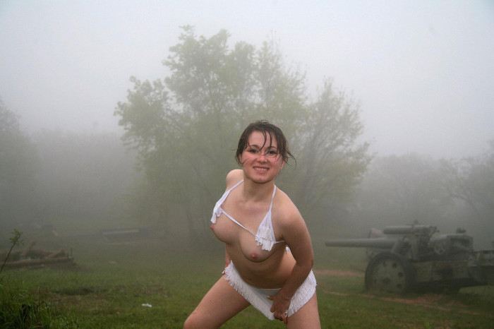 Nice russian brunette shows very hairy pussy at rainy day