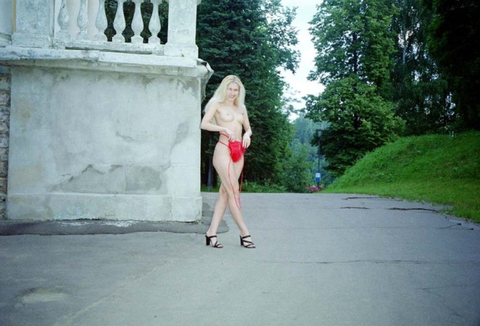 Very tall russian blonde with big boobs walks naked at park