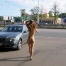 Very beautiful girl with big hairy pussy and small tits walks naked at very center of Moscow