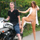 After a motorcycle trip she decided to show herself for two strangers