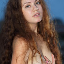 Pretty girl with long hair and shaved pussy posing at campfire on the beach