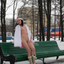 Public session at winter of one russian brunette girl