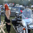 Two girl with small tits undressing in front of bikers
