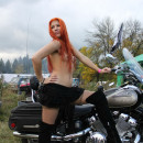 Two girl with small tits undressing in front of bikers