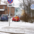 Russian brunette exhibitionist walks naked at public street at winter