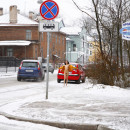 Russian brunette exhibitionist walks naked at public street at winter