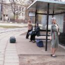 Naked girl in skullcap poses in a tram