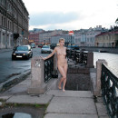 Naked blonde walks on the morning of St. Petersburg