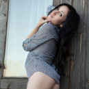 Naked brunette in a man’s shirt in an old house