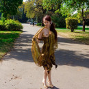 Red-haired babe in a gold dress shines hairy pussy in the park