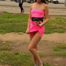 Russian girl in pink dress flashes at public