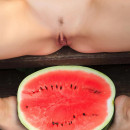Hot session with blonde and watermelon outdoors