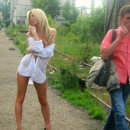 Blonde with small tits posing with old man stranger on railroad