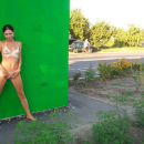 Crimean girl with deep tan lines on highway