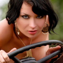 Brunette with HUGE pussy lips on a tractor