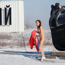 Brunette from Chelyabinsk posing at shovel monument