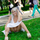 Blonde in only one white dress loves to flash at public places