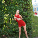 Hot russian teen in red dress show her delicious boobs at public
