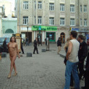 Naked blonde at Moscow tourist street