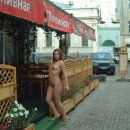 Naked blonde at Moscow tourist street